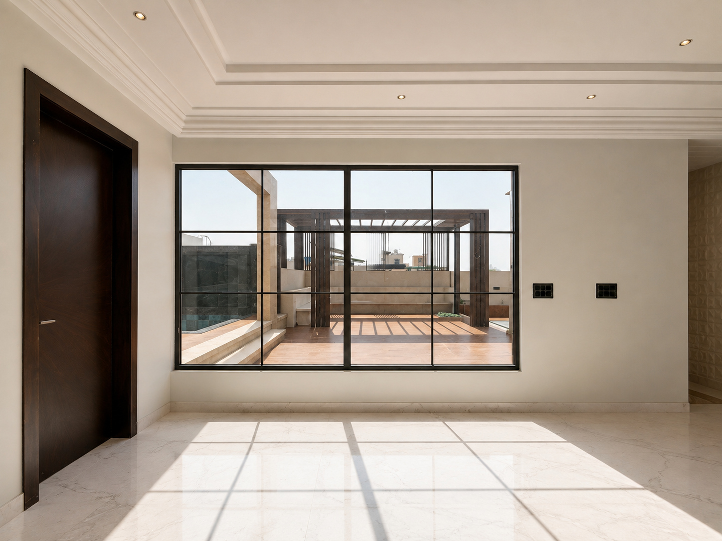 The Sky Space room, its steel window open onto the pergola terrace
